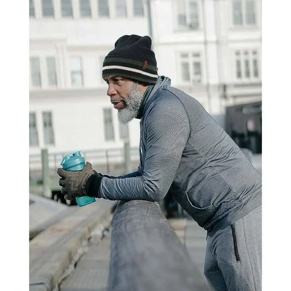 Men's Black Cuffed Running Golf Beanie Knitted Stripes Skull Winter Hat